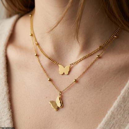 TNCH00336 MMJ Stainless Steel Double Butterfly Necklace - TNCH