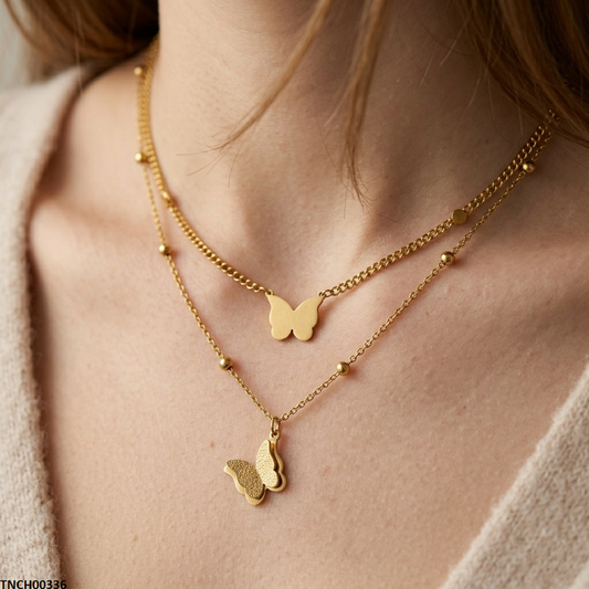 TNCH00336 MMJ Stainless Steel Double Butterfly Necklace - TNCH