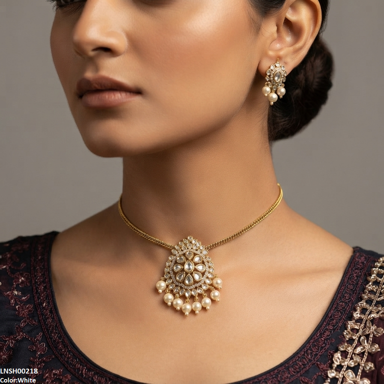 LNSH00218 ANI Multi Stone Pearl Drop Necklace Set - LNSH