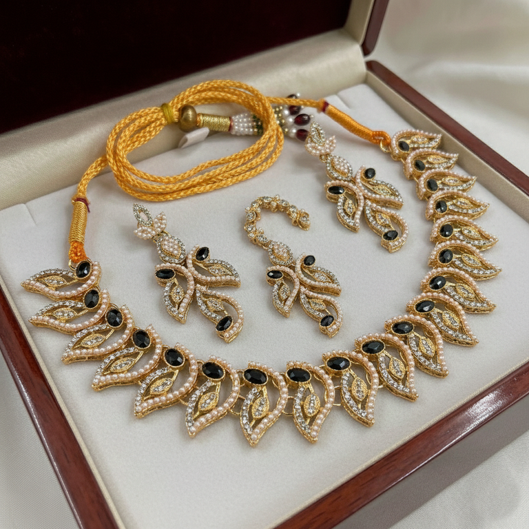 PNSH00037 MZM Oval Leaf Necklace Set - PNSH