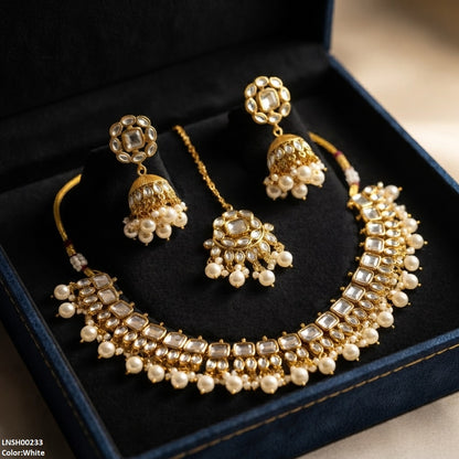 LNSH00233 ANI Square/Oval Stone Pearl Drop Rajwari Necklace Set - LNSH