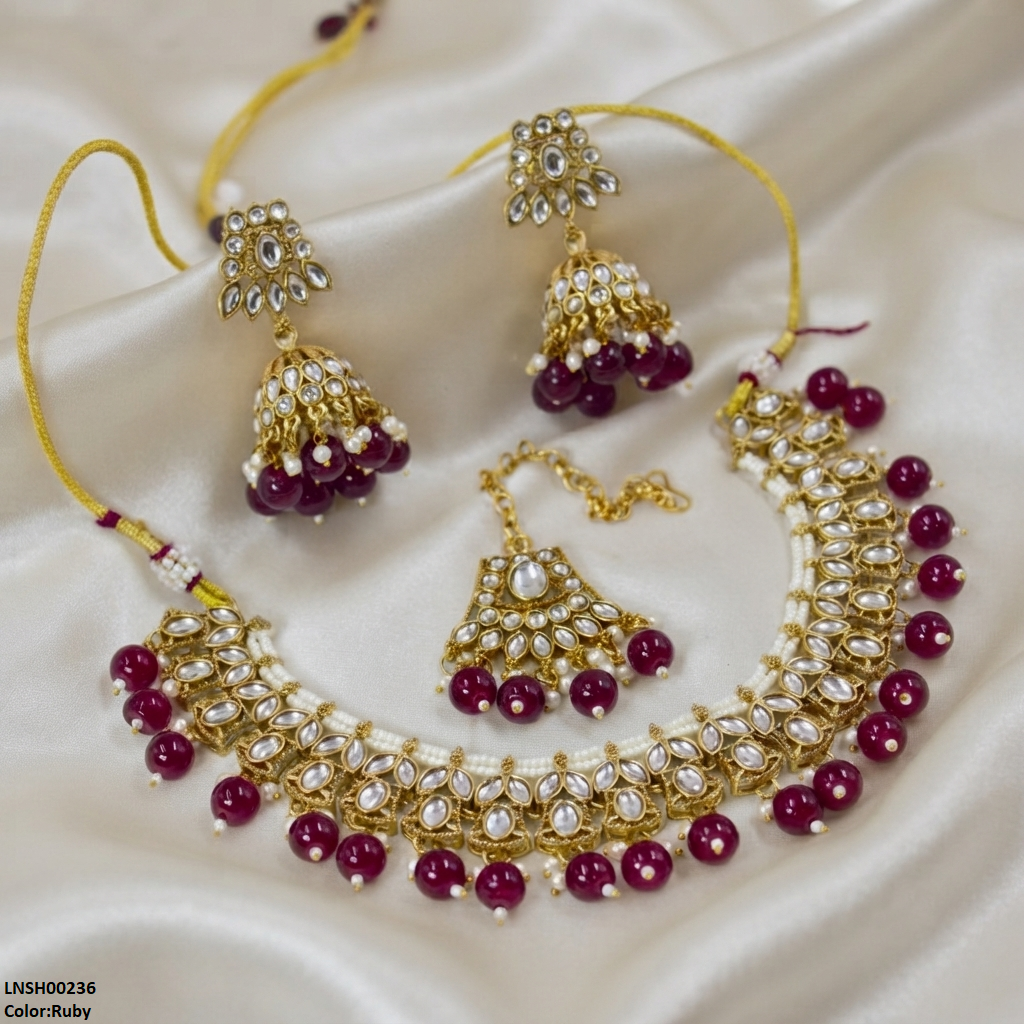 LNSH00236 ANI  Marquise Flower Pearl Drop Rajwari Necklace Set - LNSH