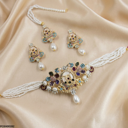 PCKH00282 ABD Multi Flower Pearl Drop Choker Set - PCKH