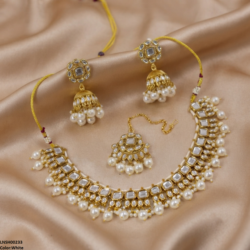 LNSH00233 ANI Square/Oval Stone Pearl Drop Rajwari Necklace Set - LNSH