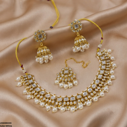 LNSH00233 ANI Square/Oval Stone Pearl Drop Rajwari Necklace Set - LNSH