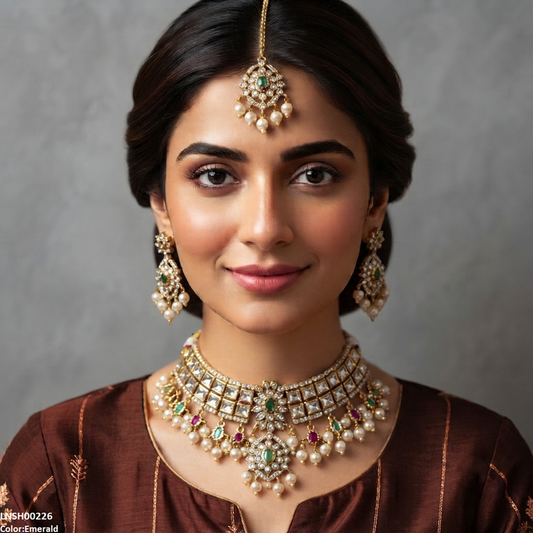 LNSH00226 ANI Flower Square Stone Pearl Drop Rajwari Necklace Set - LNSH