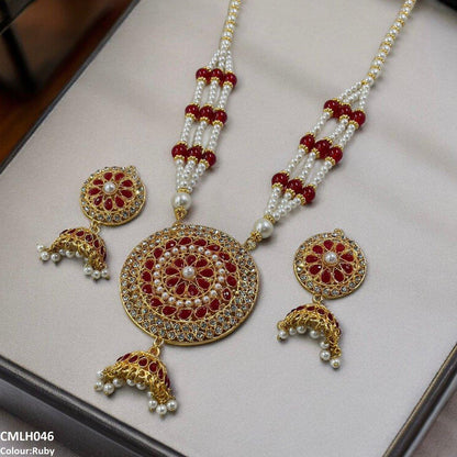 CMLH046 SDQ Cut Jhumki Drop Pearl Mala