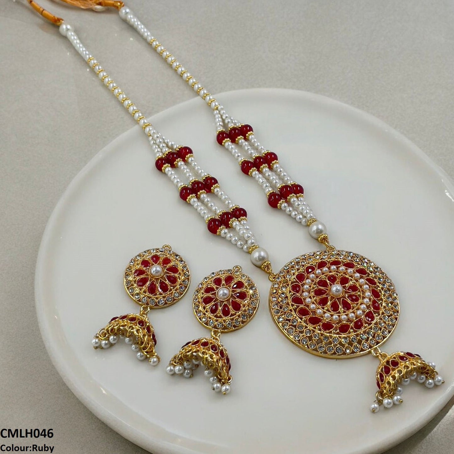 CMLH046 SDQ Cut Jhumki Drop Pearl Mala