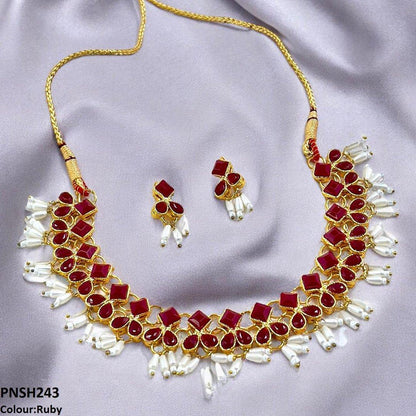 PNSH243 FRN Square/Pearl Drop Necklace Set