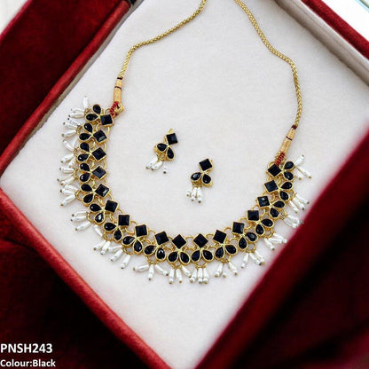 PNSH243 FRN Square/Pearl Drop Necklace Set