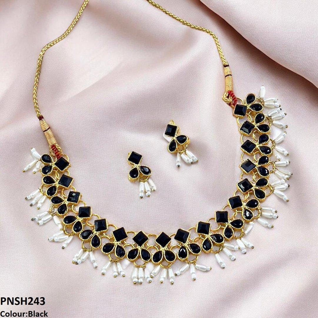 PNSH243 FRN Square/Pearl Drop Necklace Set