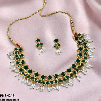 PNSH243 FRN Square/Pearl Drop Necklace Set