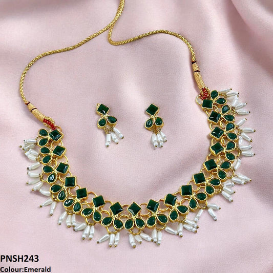 PNSH243 FRN Square/Pearl Drop Necklace Set