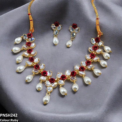 PNSH242 SDQ Flower/Pearl Drop Necklace Set