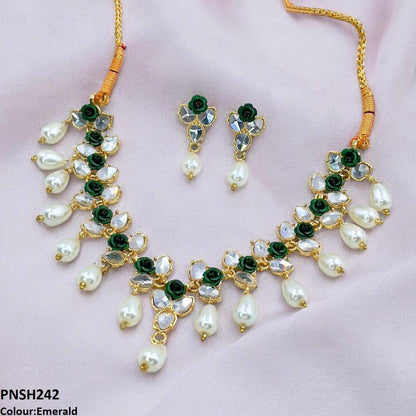 PNSH242 SDQ Flower/Pearl Drop Necklace Set