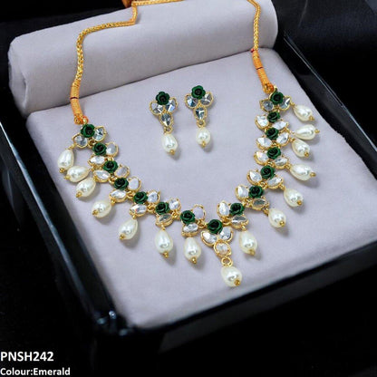 PNSH242 SDQ Flower/Pearl Drop Necklace Set