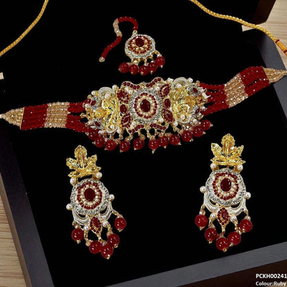 PCKH00241 SDQ Oval/Leaf Pearl Drop Choker Set - PCKH