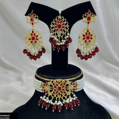 PCKH00242 MZM Square Flower Pearl Drop Choker Set - PCKH