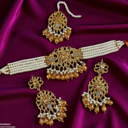 PCKH00242 MZM Square Flower Pearl Drop Choker Set - PCKH