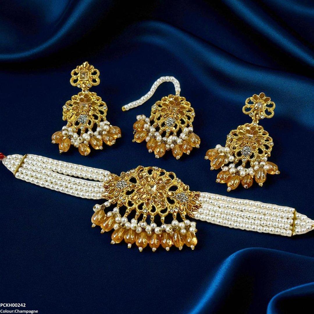 PCKH00242 MZM Square Flower Pearl Drop Choker Set - PCKH