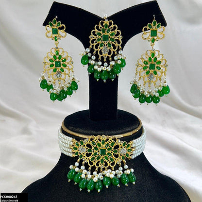 PCKH00242 MZM Square Flower Pearl Drop Choker Set - PCKH