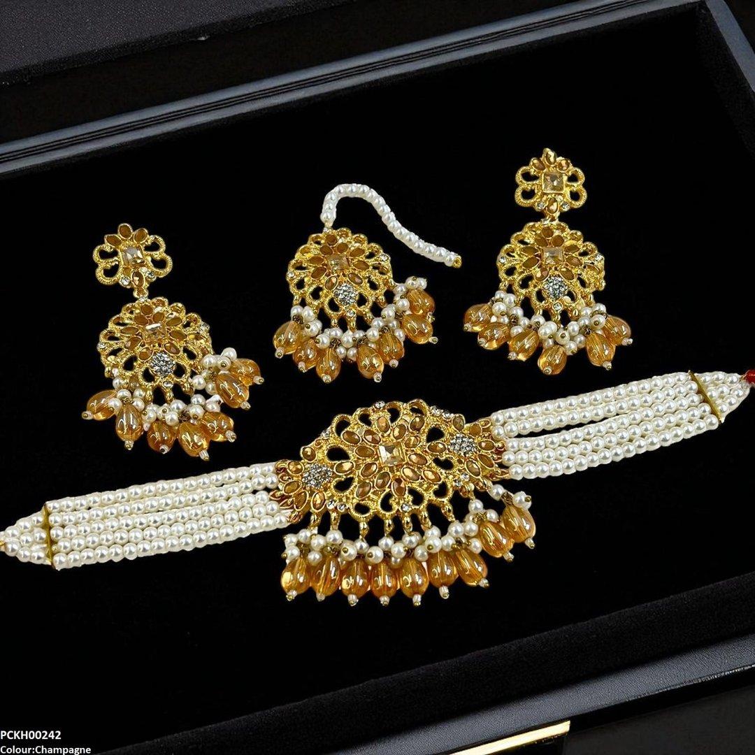 PCKH00242 MZM Square Flower Pearl Drop Choker Set - PCKH