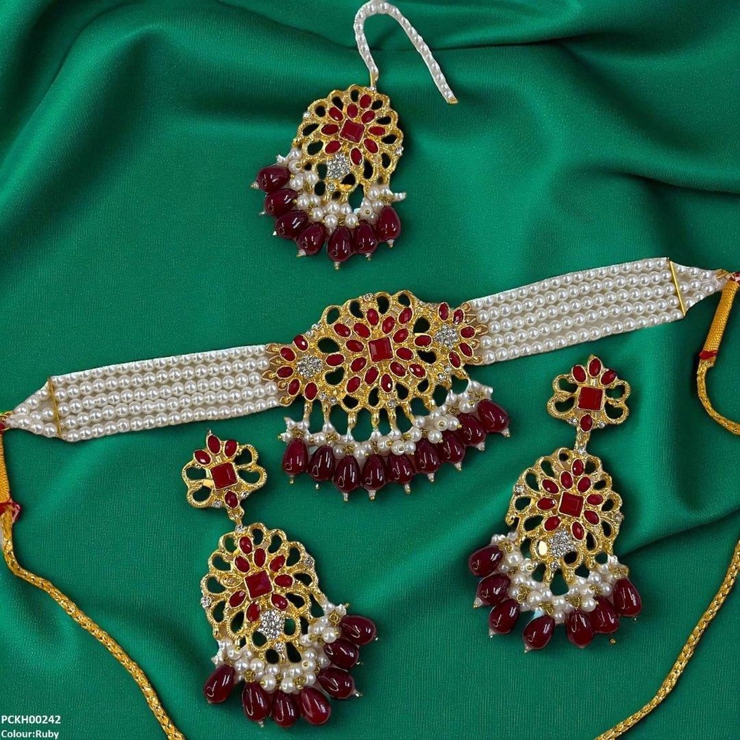 PCKH00242 MZM Square Flower Pearl Drop Choker Set - PCKH