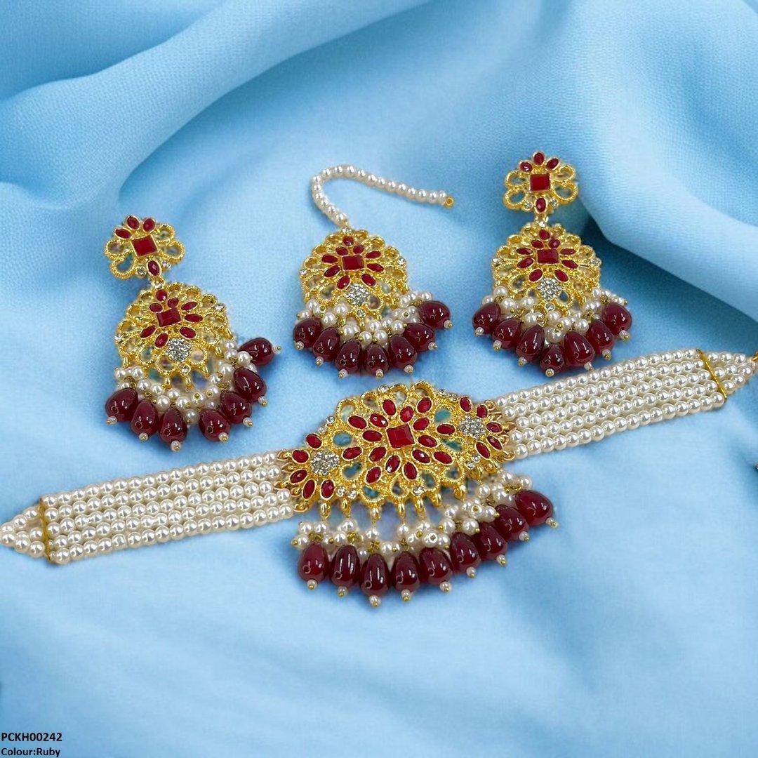 PCKH00242 MZM Square Flower Pearl Drop Choker Set - PCKH