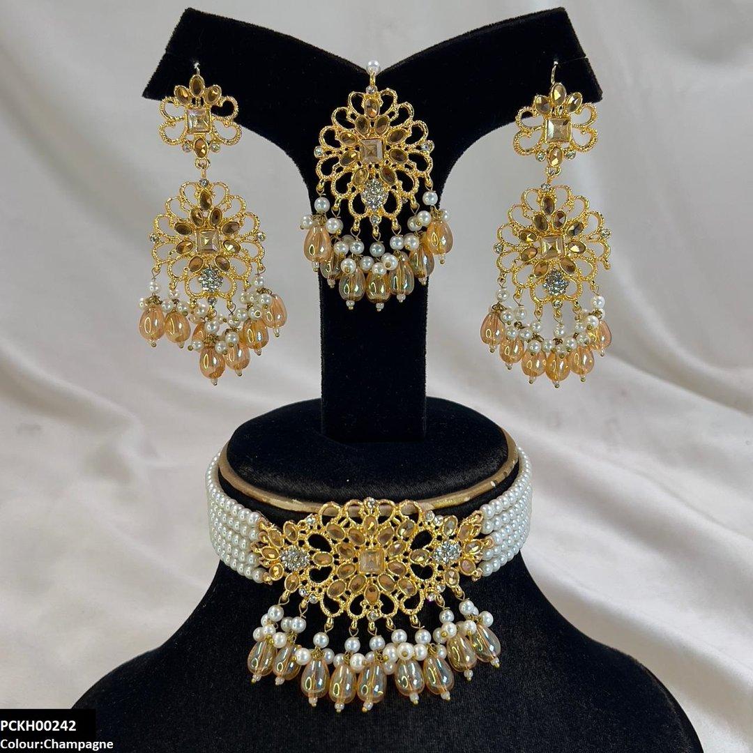 PCKH00242 MZM Square Flower Pearl Drop Choker Set - PCKH