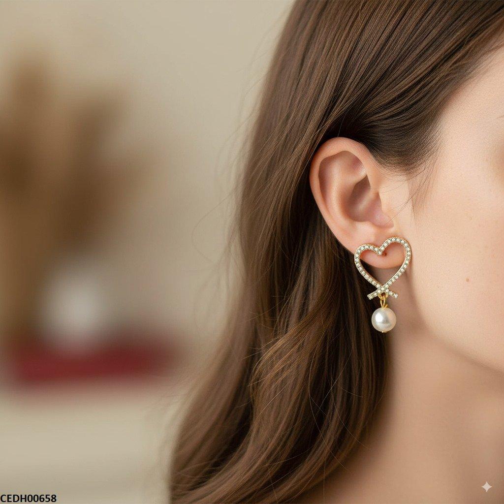 CEDH00658 SDQ Heart Pearl Drop Earrings - CEDH