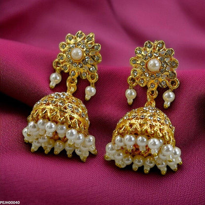 PEJH00040 MZM Round Flower Pearl Drop Jhumki - PEJH