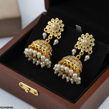 PEJH00040 MZM Round Flower Pearl Drop Jhumki - PEJH