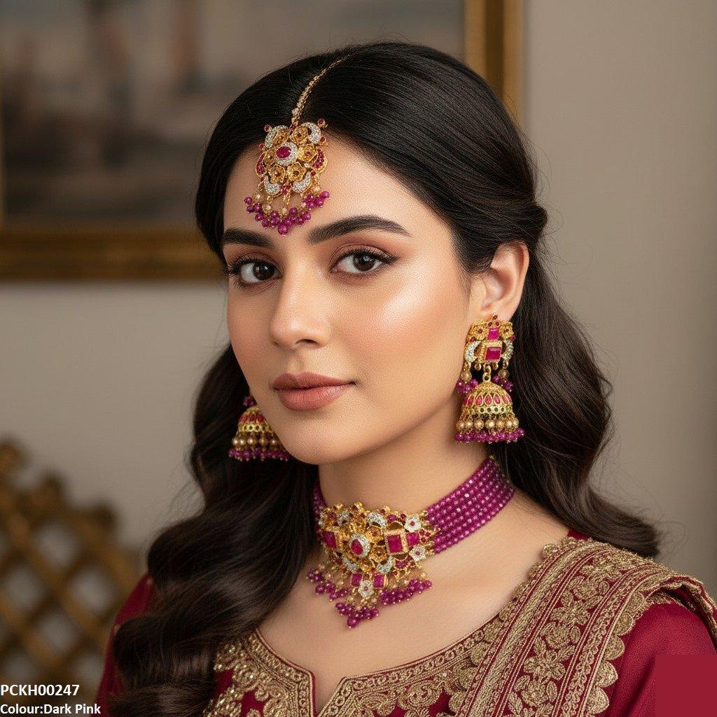 PCKH00247 SDQ Oval/Rectangle Flower Pearl Drop  Choker Set - PCKH