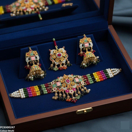 PCKH00247 SDQ Oval/Rectangle Flower Pearl Drop  Choker Set - PCKH