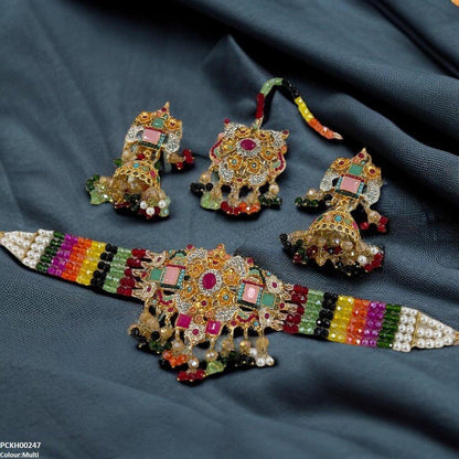 PCKH00247 SDQ Oval/Rectangle Flower Pearl Drop  Choker Set - PCKH