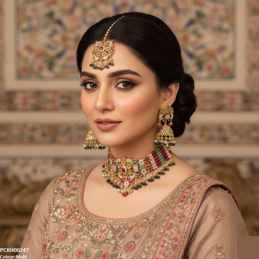 PCKH00247 SDQ Oval/Rectangle Flower Pearl Drop  Choker Set - PCKH