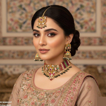 PCKH00247 SDQ Oval/Rectangle Flower Pearl Drop  Choker Set - PCKH