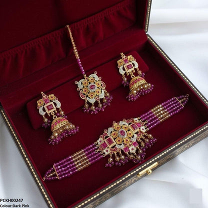 PCKH00247 SDQ Oval/Rectangle Flower Pearl Drop  Choker Set - PCKH