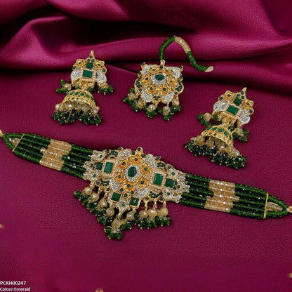 PCKH00247 SDQ Oval/Rectangle Flower Pearl Drop  Choker Set - PCKH