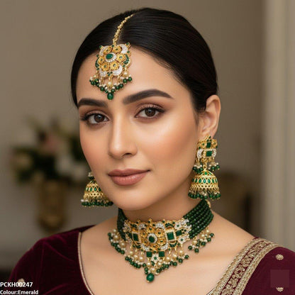 PCKH00247 SDQ Oval/Rectangle Flower Pearl Drop  Choker Set - PCKH