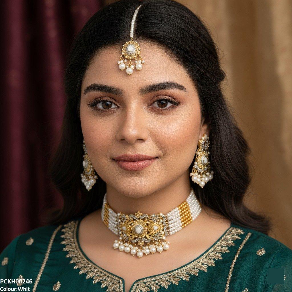 PCKH00246 SDQ Oval Flower Pearl Drop Choker Set - PCKH