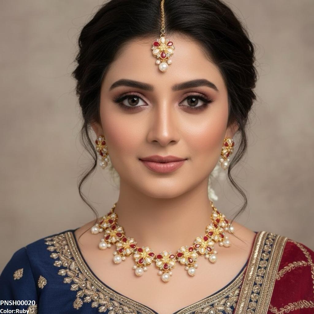 PNSH00020 SDQ Flower Pearl Drop Necklace Set - PNSH