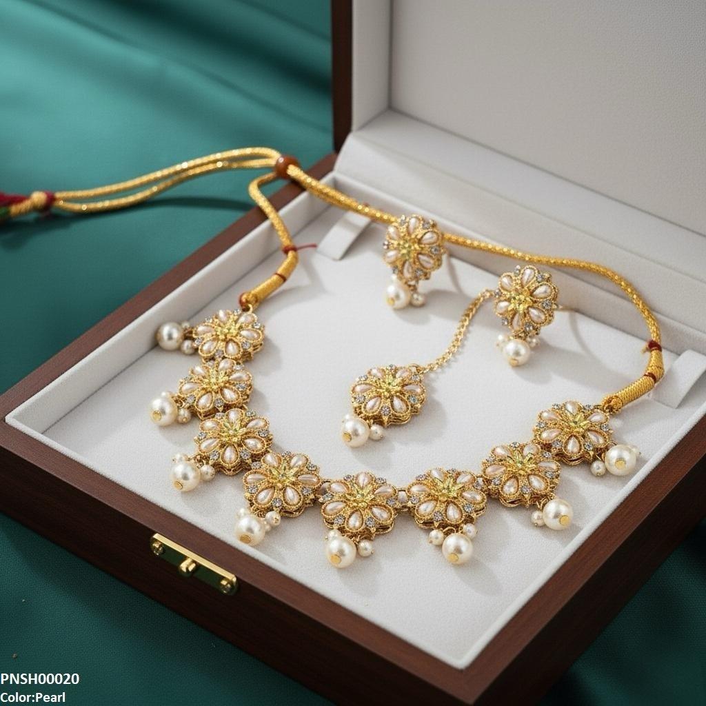 PNSH00020 SDQ Flower Pearl Drop Necklace Set - PNSH