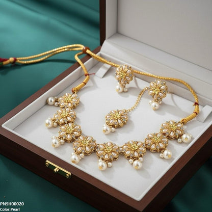 PNSH00020 SDQ Flower Pearl Drop Necklace Set - PNSH