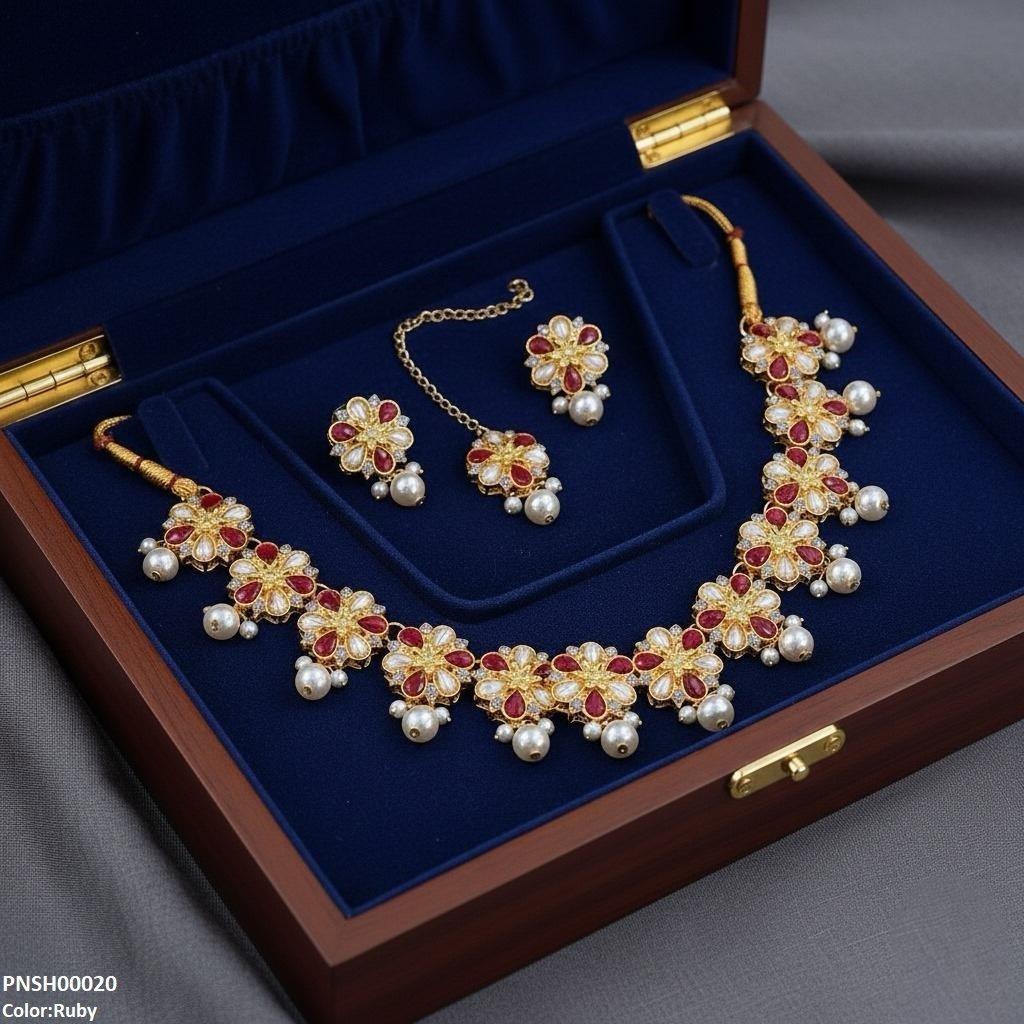 PNSH00020 SDQ Flower Pearl Drop Necklace Set - PNSH