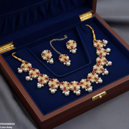 PNSH00020 SDQ Flower Pearl Drop Necklace Set - PNSH