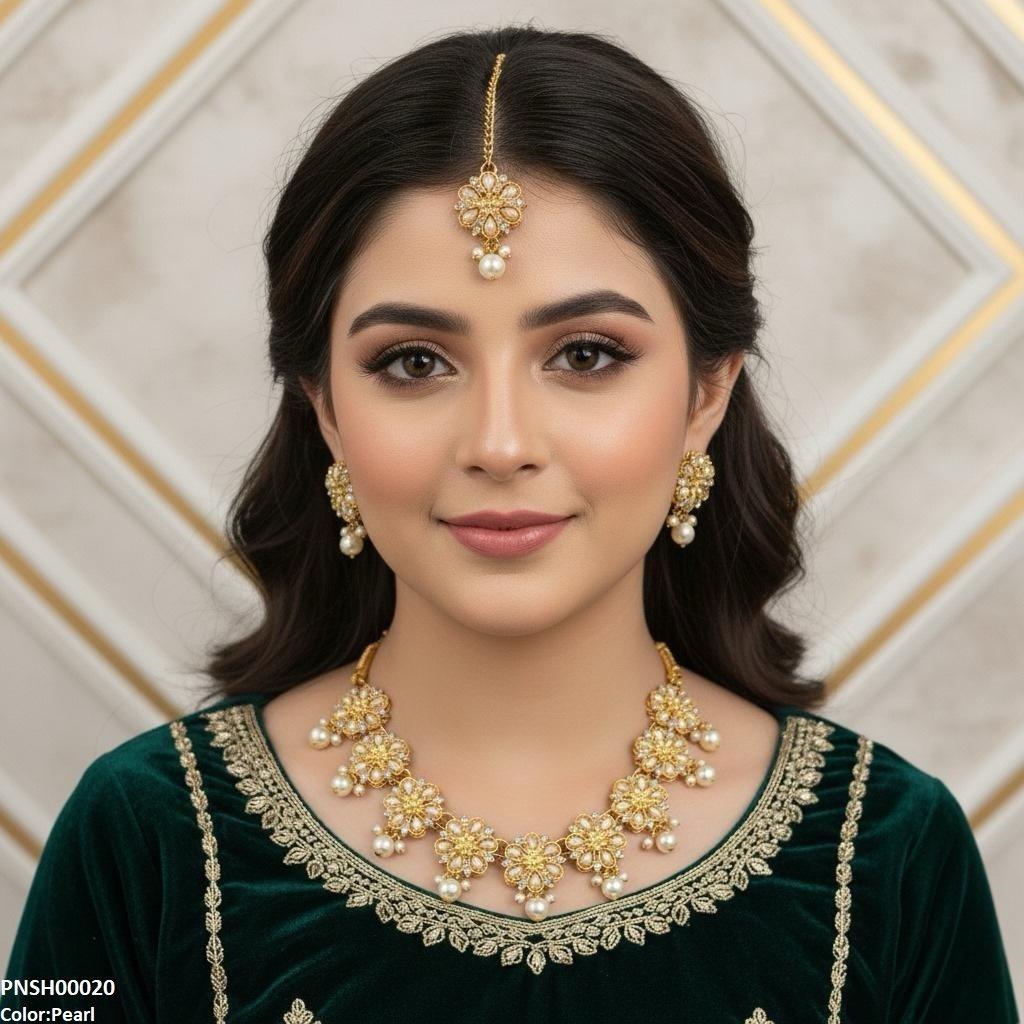 PNSH00020 SDQ Flower Pearl Drop Necklace Set - PNSH