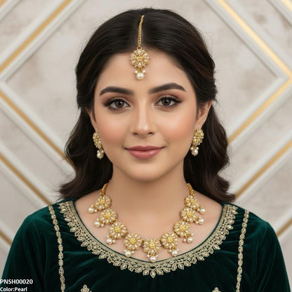 PNSH00020 SDQ Flower Pearl Drop Necklace Set - PNSH