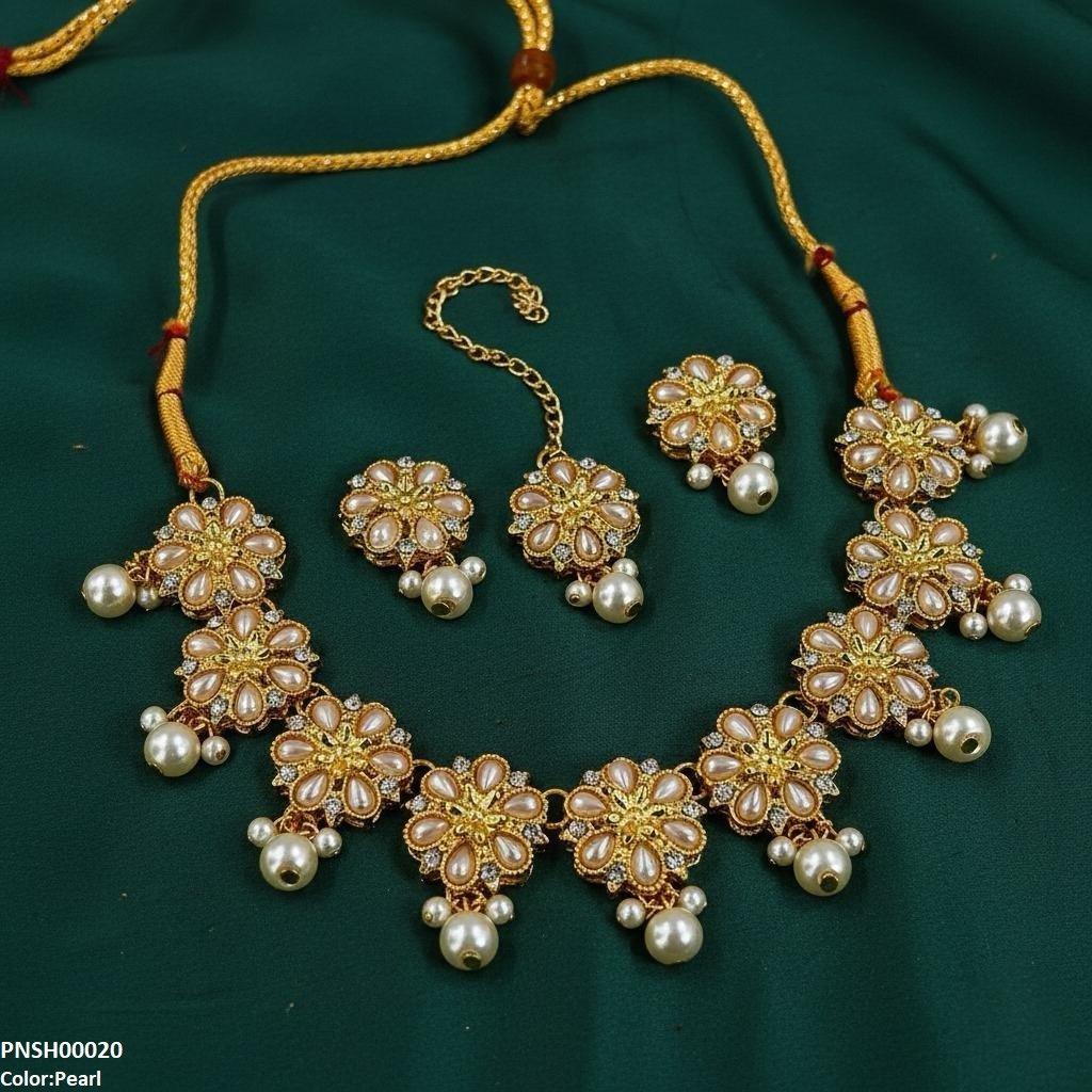 PNSH00020 SDQ Flower Pearl Drop Necklace Set - PNSH
