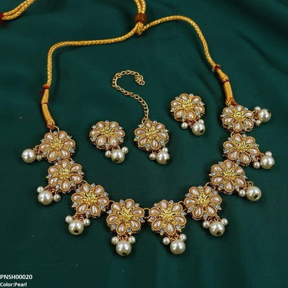 PNSH00020 SDQ Flower Pearl Drop Necklace Set - PNSH